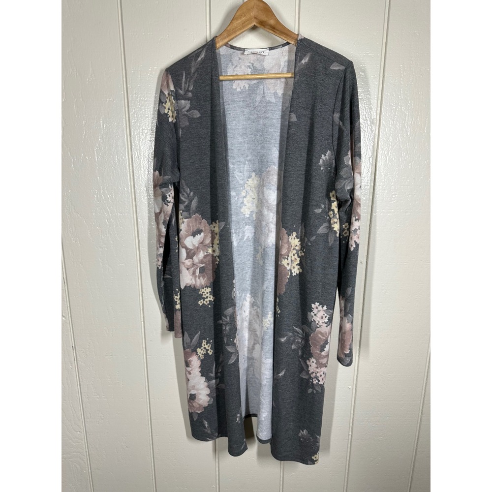 First Love Cardigan Womens M Gray Floral Duster Open Front T2914 Long Sleeve